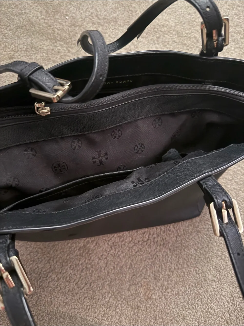 Tory Burch Black Sathiano Leather Tote with Gold Accents